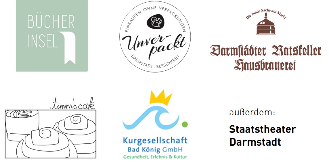 Logos von Unverpackt Laden, Staatstheater, Timm's Café, Ratskeller, Odenwaldtherme Bad König, Bücherinsel Dieburg